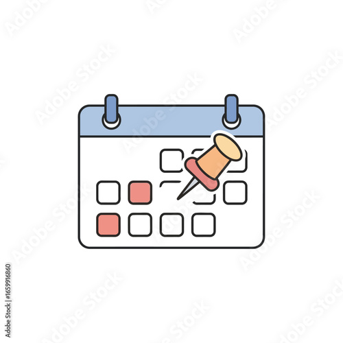 Calendar icon with a pin marking an important date. Deadline and reminder symbol.