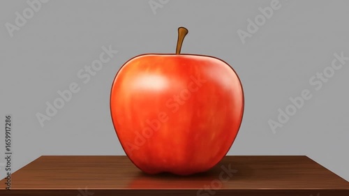Animated Smiling Red Apple Character with Facial Expression on Wooden Surface