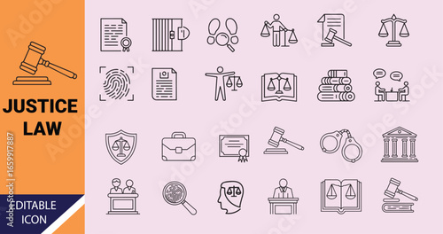 Linear icons showcase legal themes like justice scales, documents, fingerprints, handcuffs, and gavel