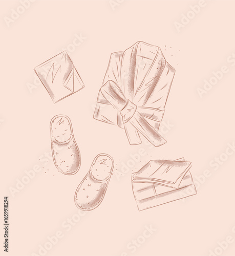 Sleep elements set with pillow, bathrobe, sheet, slippers for bedroom drawn in graphic style on beige background