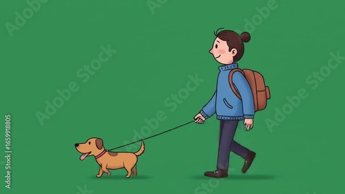 Young Woman Walking Relaxedly with Dog on Leash in Green Field Cartoon Style