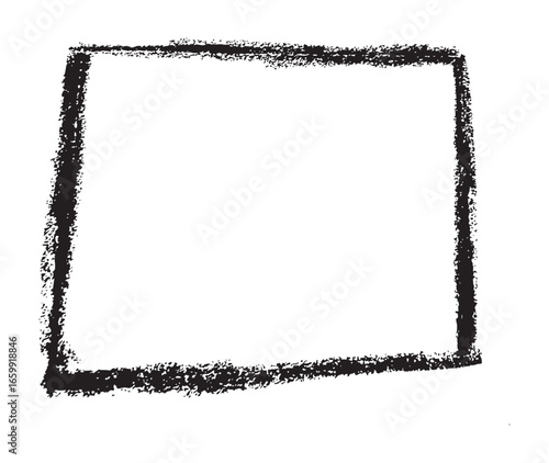 A simple yet expressive hand-drawn black rectangular frame with a rough, textured quality resembling a chalk or charcoal sketch on a white background.
