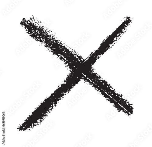 A roughly sketched black 'X' mark, hand-drawn with a thick charcoal or crayon to create a gritty, textured symbol for cancellation or voting.