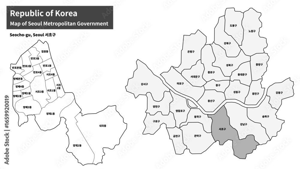 Obraz premium Seoul Seocho-gu Map - Administrative Districts and Neighborhoods of Seocho District, South Korea