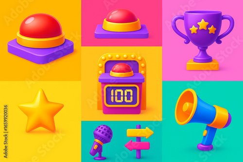 Vibrant 3D Game Show Props – Podium, Buzzer, Mic & Prize Icons on Dynamic Color Burst Background