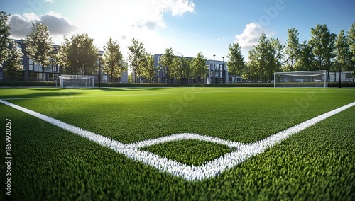 Wallpaper Mural A bright, green soccer field with clearly marked white lines, surrounded by trees and buildings under a partly cloudy sky. Torontodigital.ca