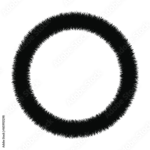 A striking abstract monochrome image of a black fuzzy circle with soft, radiating textured edges, resembling a modern ink brushstroke.