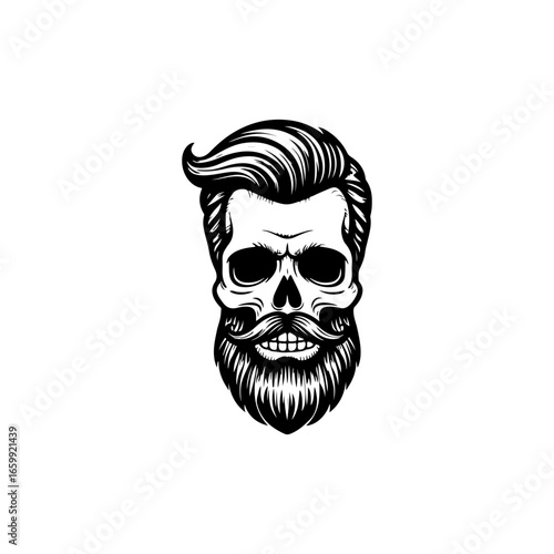 Illustration of bearded skull isolated on white background. Barbers skull. Design element for logo, sign, poster, emblem. Vector illustration