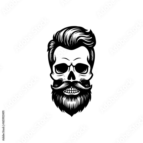 Illustration of bearded skull isolated on white background. Barbers skull. Design element for logo, sign, poster, emblem. Vector illustration
