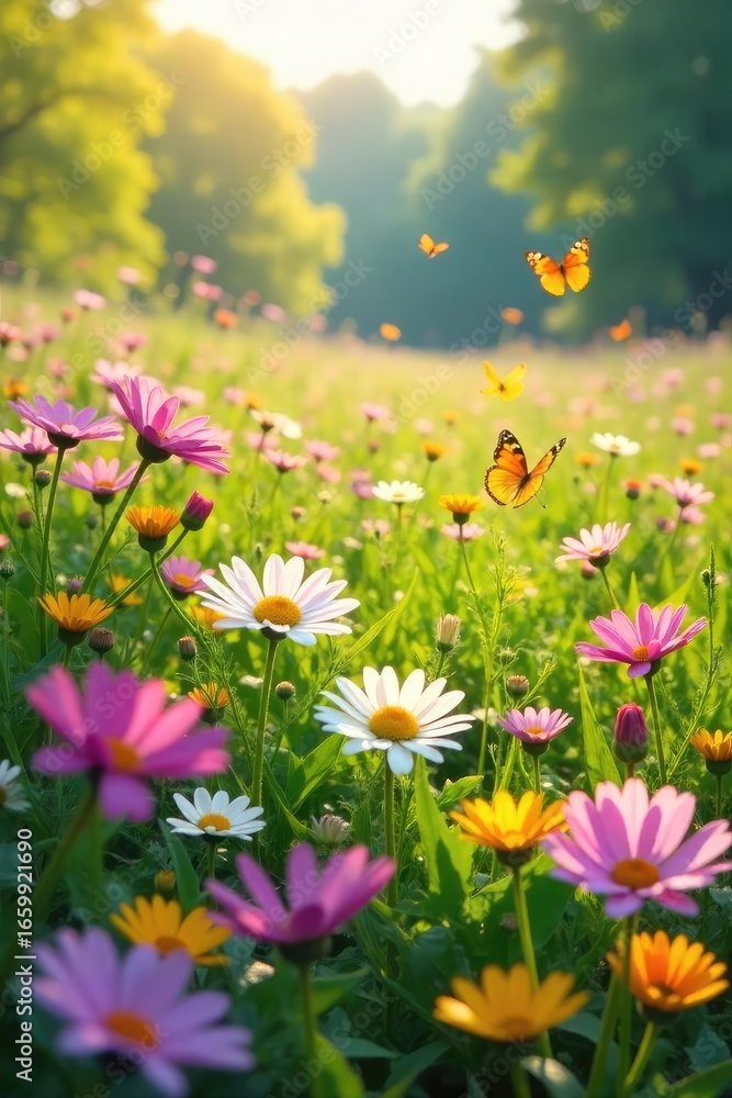 Obraz premium Vibrant Wildflower Meadow in Springtime Bloom Butterflies Dance in a Peaceful Idyllic Landscape