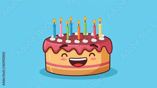 Animated happy birthday cake with lit candles and smiling face in cartoon style