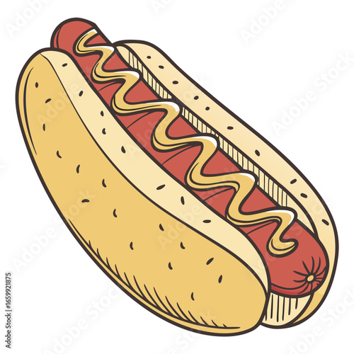 Vector illustration of a hot dog with mustard in bun, isolated.s