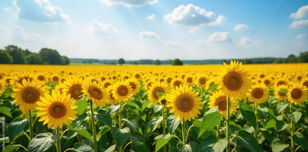 Obraz premium Sunflowers Stretching to the Horizon Under a Bright Summer Sky A Stunning Display of Tranquil Natural Beauty