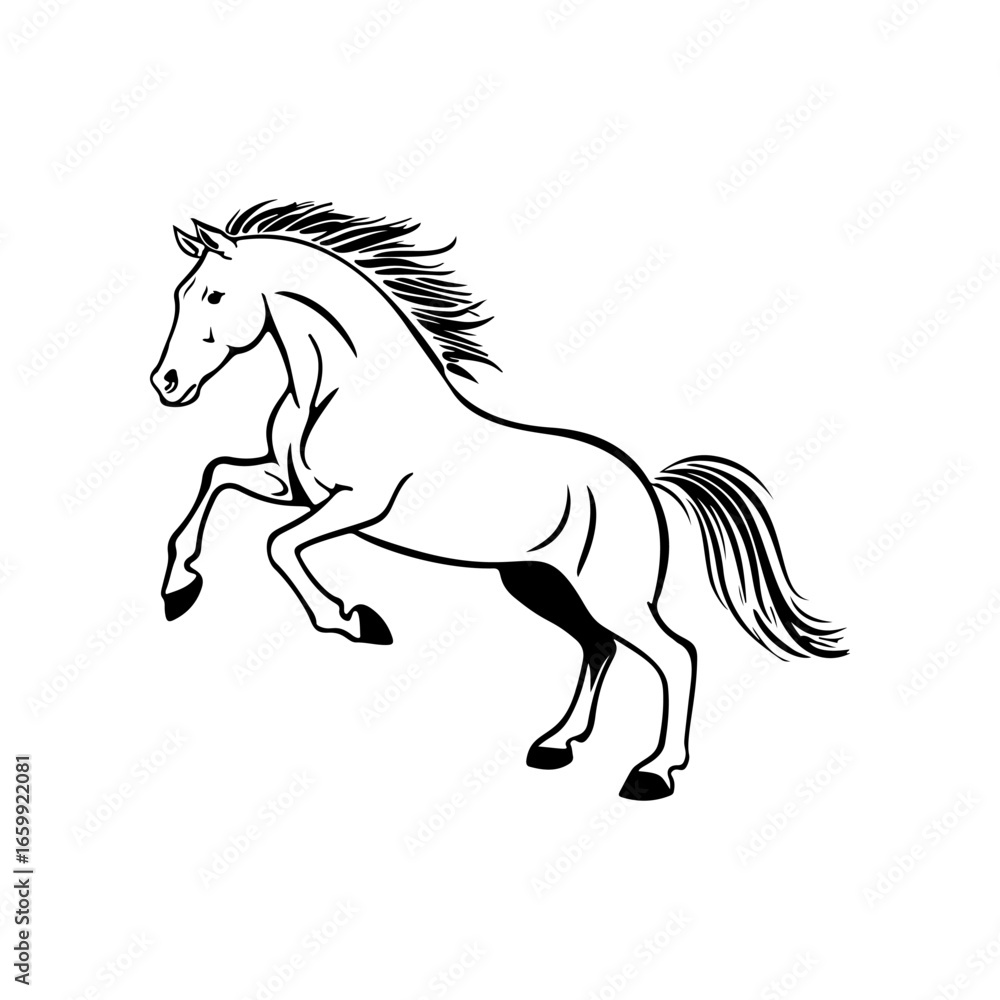 Obraz premium Black and white illustration of a running horse. Monochrome image of a horse. Design element for logo, sign, poster, emblem. Vector illustration