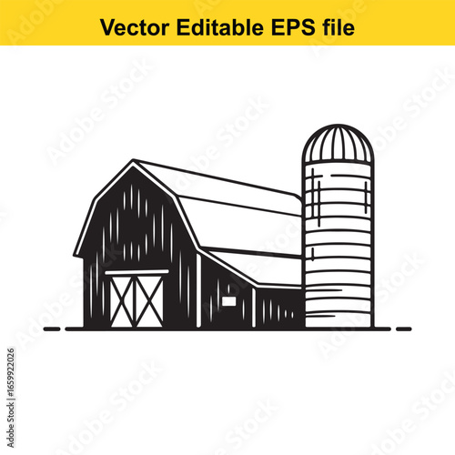 Barn and silo, a simple farm building isolated on white background