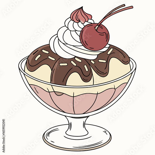  Vector illustration of an ice cream sundae dessert in glass cup 