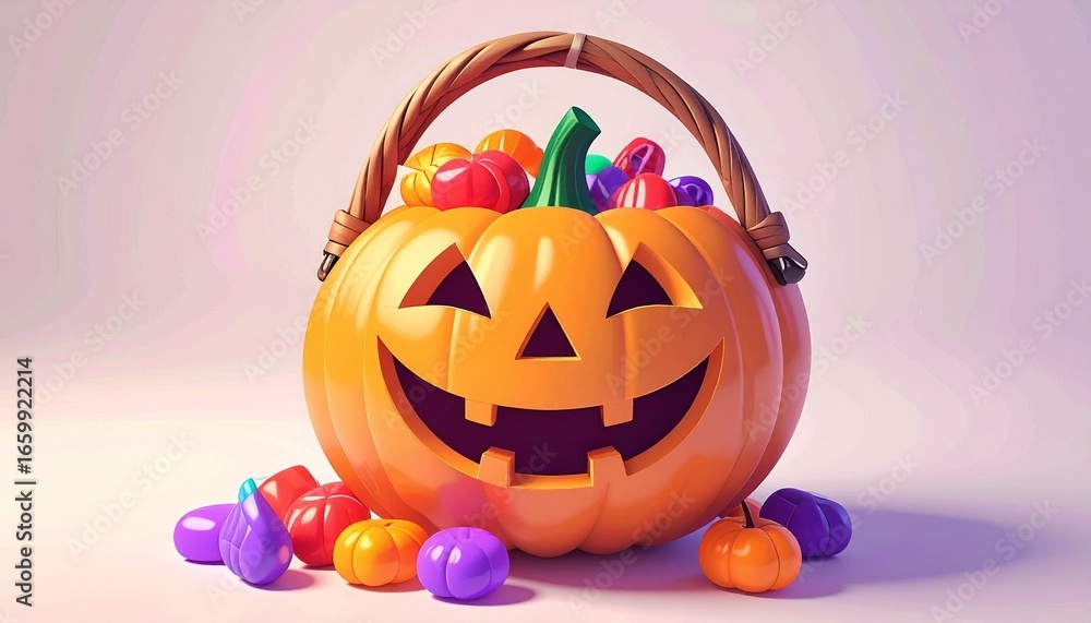 Fototapeta premium Halloween pumpkin candy basket, halloween candy, sugar candy in the pumpkin basket ilustration, Halloween pumpkin basket, Trick or Treat