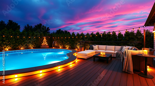 Luxury above ground pool deck at twilight with glowing blue LED lit pool illuminated by golden lighting and plush sofa against dramatic pink and purple sunset sky