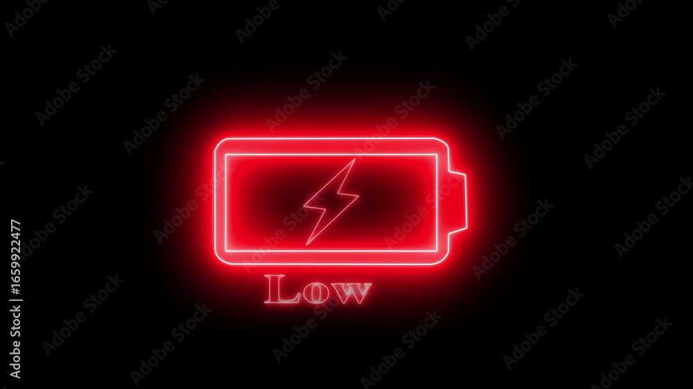 Red neon low battery icon with lightning bolt and text Red neon low battery icon with lightning bolt and text