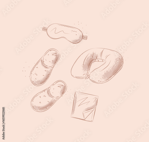 Travel sleeping accessories set for resting with sleep mask for eyes, sheet, slippers, neck pillow drawn in graphic style on beige background