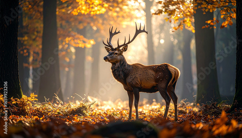 
Deer standing in a misty autumn forest, warm sunlight breaking through the trees, fallen orange leaves on the ground, cinematic wildlife photo, ultra realistic