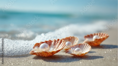 Close-Up of Shells with Pearls on Sandy Beach Shoreline with Gentle Waves and Clear Blue Ocean Background
