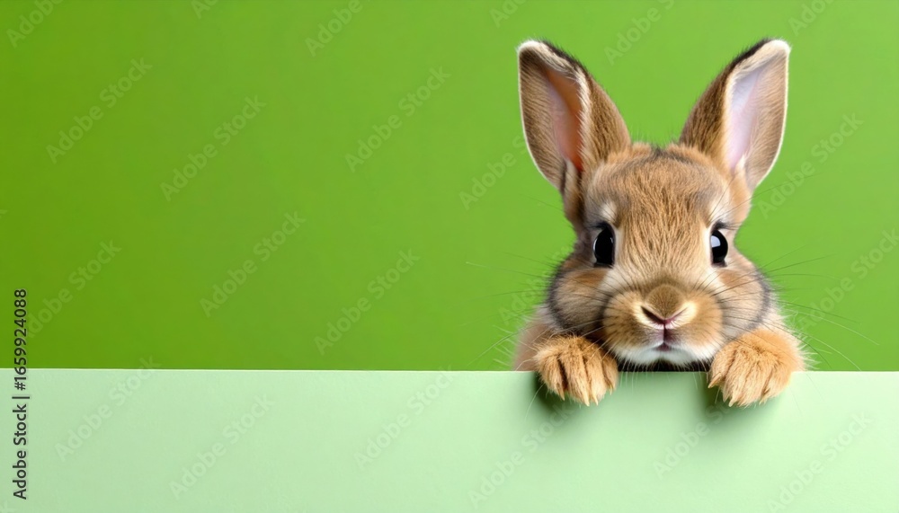 Obraz premium Cute rabbit peeking over a green surface in a bright indoor setting high-quality animal photography whimsical environment close-up perspective