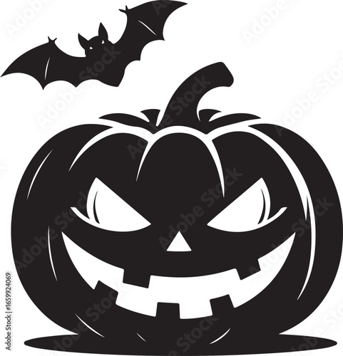 Black silhouette of a carved Halloween pumpkin with a bat flying above jack o lantern