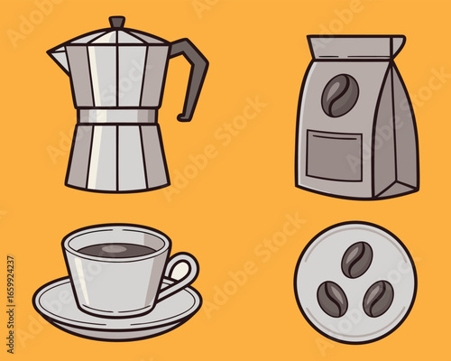 Vector Illustration of Coffee Brewing with Moka Pot, Cup, and Coffee Beans