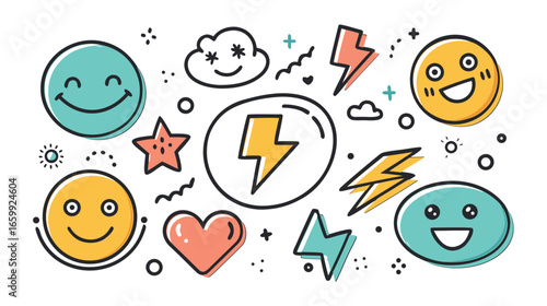 Abstract Vector Illustration Happy Emojis, Wave Lines, and Spirals