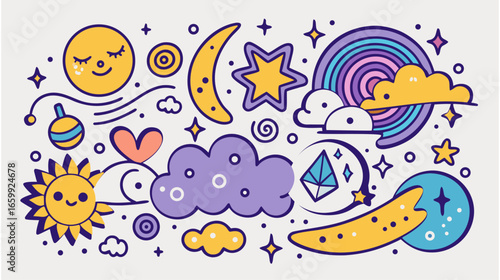 Whimsical Celestial Dreamscape Abstract Vector Wave Lines and Spirals