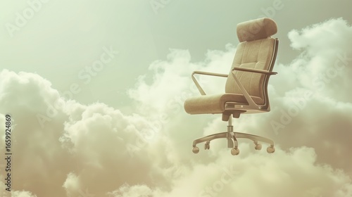 Surreal Business Collage showing a Retro Office Chair floating in Dreamy Clouds, symbolizing Comfort, Freedom, and Minimalist Productivity.
