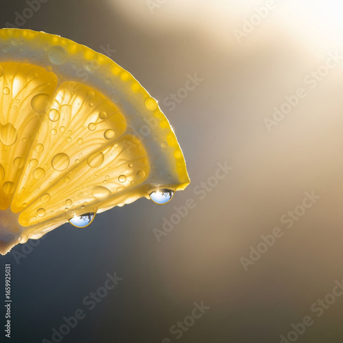 A translucent lemon slice with glistening water droplets, perfect for a fresh-themed ad.