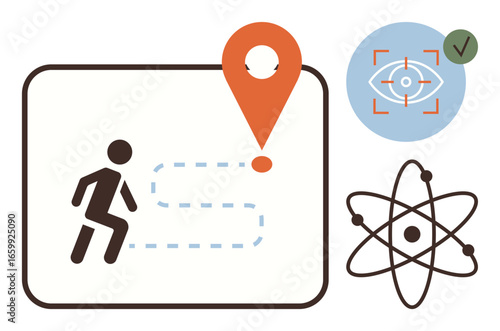 Person heading toward location with path marker, eye scan for recognition, atomic model for science. Ideal for navigation, technology, tracking, productivity, innovation, security simple flat