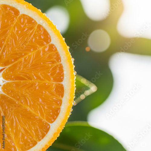 A macro shot of an orange slice with moisture, designed with clear space for advertising text.