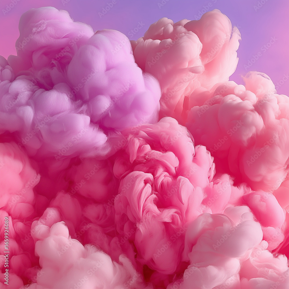 Fototapeta premium Vibrant pastel clouds in pink, teal, lavender, and peach float across a serene sky, glowing with surreal light and soft gradients, evoking a whimsical, dreamlike, and magical atmosphere.