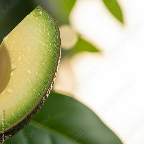 A clean photo of an avocado slice with glistening moisture and a clear space for text.