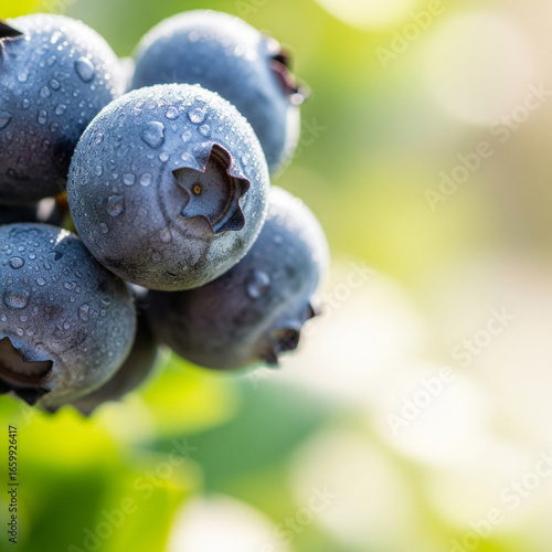 A cluster of fresh blueberries with dew, captured for a marketing visual with space for a headline.