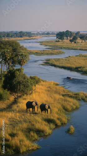 Elephants Roaming River Wildlife Africa Nature Adventure Scenic Grasslands Wetlands Safari Mammals Footage Lush Tranquil Eveninglight Sunlight 
