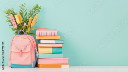 Wallpaper Mural Beautifully arranged school essentials: pink backpack, cheerful flowers, and rainbow stack of books set against calming mint green backdrop Torontodigital.ca
