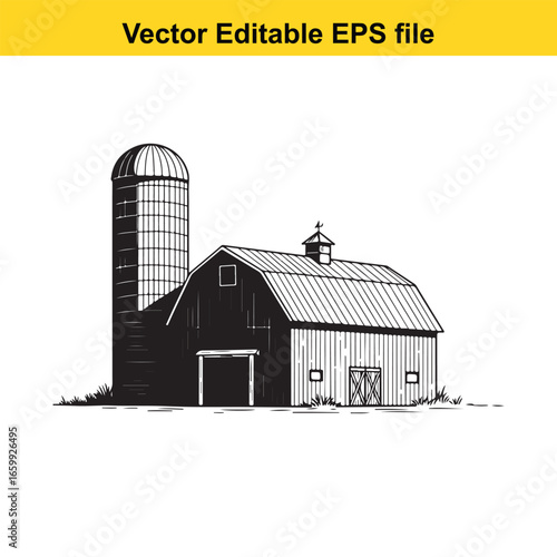 Black and white illustration of a farm barn with silo, isolated on white background
