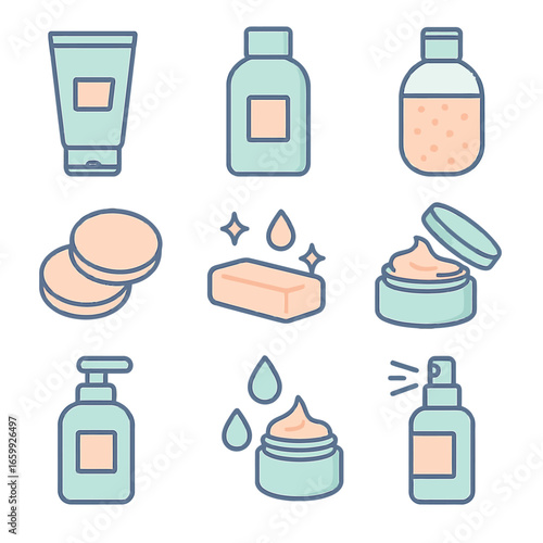 A vibrant collection of flat design icons representing various essential skincare, beauty, and personal hygiene products for daily self-care routines.