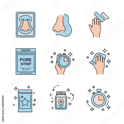 This modern icon set visually details the application and removal process of pore strips, essential for an effective nose cleansing and complete skincare routine.