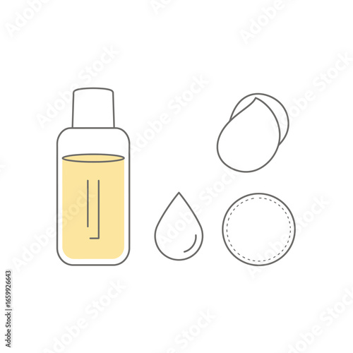 A minimalist line art illustration featuring a cosmetic liquid bottle, a drop, soft makeup sponges, and a cotton pad, vital for modern beauty and skincare.