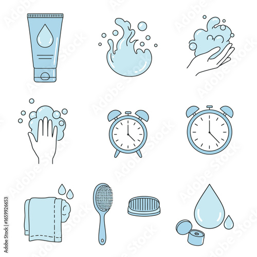 A comprehensive collection of blue line art icons depicting essential elements of personal hygiene, daily routines, and self-care practices for modern living.
