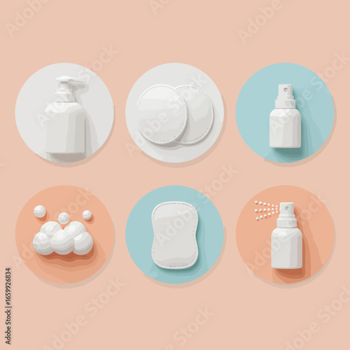 A minimalist flat design illustration displays essential personal care and hygiene products, including soap, lotion, and cotton pads, for modern wellness.