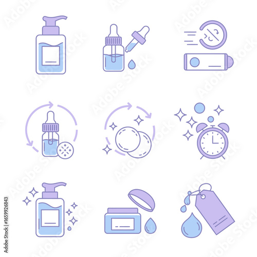 This vibrant set of linear icons visually represents a comprehensive daily beauty and skincare regimen, including product application and self-care elements.