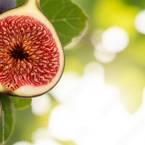 A close-up of a cut fig, showcasing its internal texture and natural moisture for an ad.