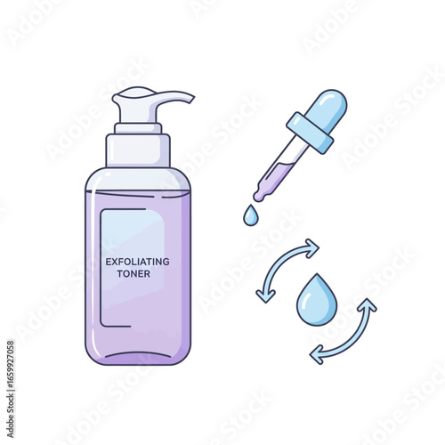 A minimalist line art illustration of an exfoliating toner bottle with a pump, a dropper, and a liquid drop, symbolizing a modern skincare regimen.