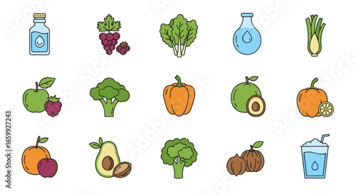 Colorful flat icons of fruits and vegetables for healthy food concepts